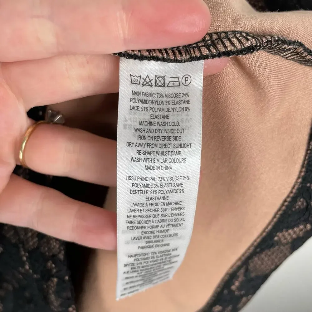 French Connection Thora Lula Long Sleeve Ponte Lace Mini Dress Size S Black NWOT